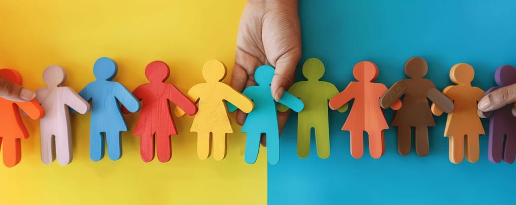 A hand holding a blue figurine placing it in a row of colorful figurines. A hand holding a blue figurine placing it in a row of colorful figurines.